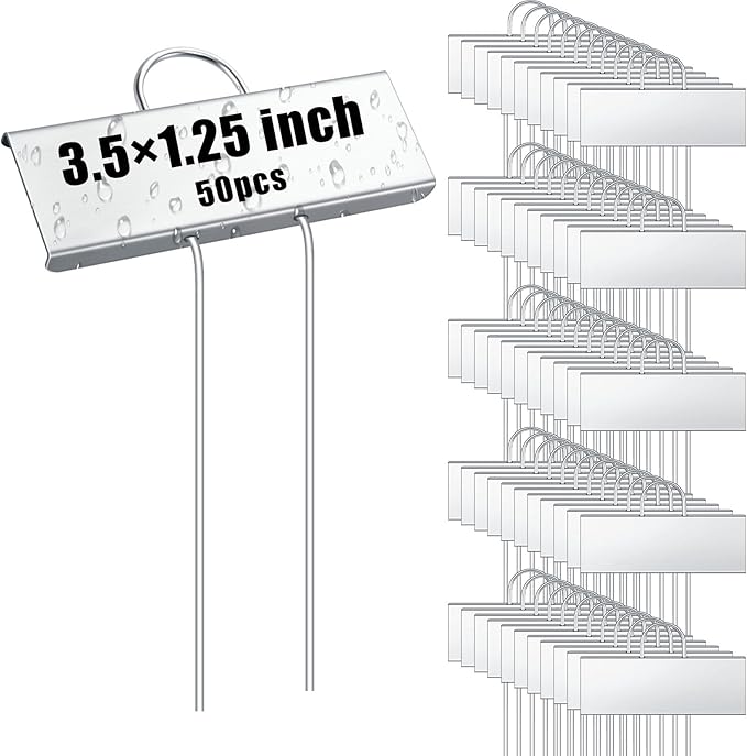 Landhoow 50 Pcs Large Garden Plant Markers Metal Plant Labels Sign 3.5'' x 1.25'' with 6'' Stake Weatherproof Waterproof Garden Sign for Outdoor Seedlings Herbs Vegetable Greenhouse, Silver
