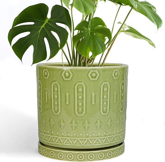 Eightpot Ceramic Pot for Plants - 10 Inch Indoor Plant Pots with Drainage Holes and Saucer, Boho Round Planter Outdoor, Decorative Large Planter for Flower, Living Room Decor, Garden Gifts, Green