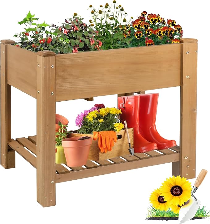 Raised Garden Beds Outdoor With Legs, Wood Elevated Garden Box With L-Connection Tabs，Storage Shelf , Leg Reinforcement，Suitable For Vegetables, Flowers And Herbs, Easy To Assemble, 33.5X18X 30IN