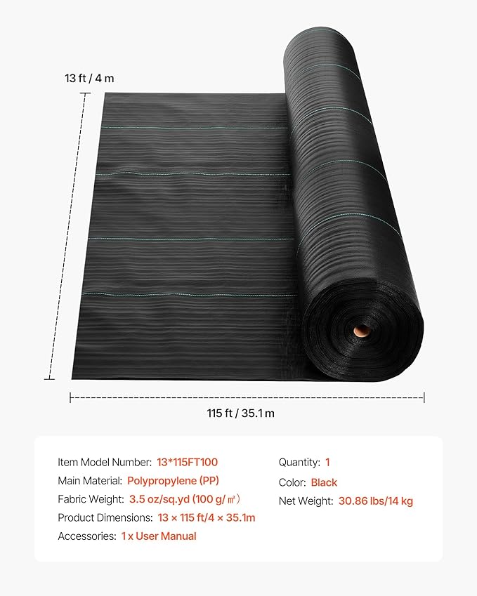 VEVOR Weed Barrier Fabric Heavy Duty, 13x115FT 3.5oz Landscape Fabric, Woven Weed Blocker Fabrics, Garden Fabrics Weeds Barrier, Weeds Control Ground Cover, Geotextile Webbing, Gardening Mat, Black