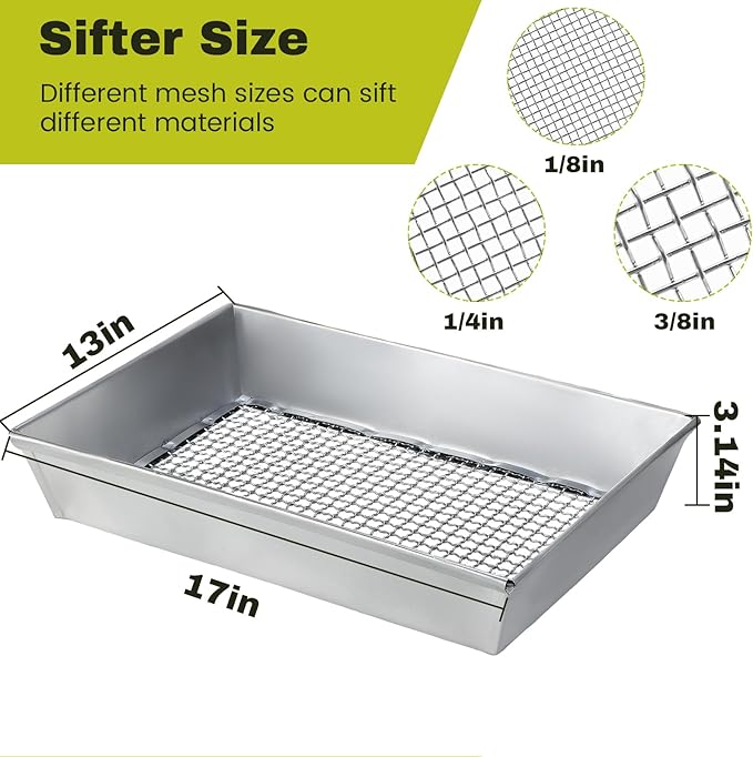 3-Pack Galvanized Iron Compost Sifter Set, 17" x 13" Soil Sifter Pan with 1/8", 1/4", 3/8" Mesh, Heavy Duty Metal Garden Sieve for Sifting Rocks, Soil, Compost and Potting Mix