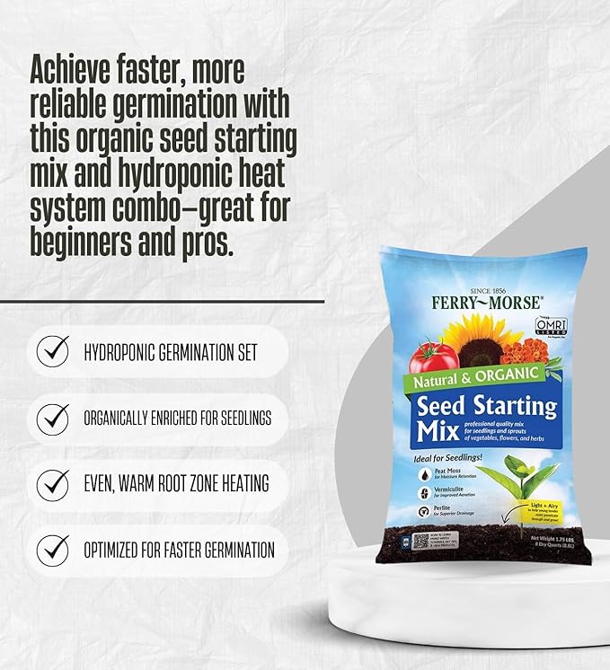 Hydrofarm 17 W Hydroponic Germination System 11 in. W and Ferry-Morse Organic Flower and Vegetable Seed Starting Mix 8 qt Bundle with Work Gloves – Indoor Gardening System – Gift Set (3 Items)