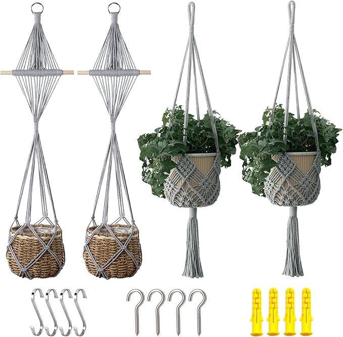 4 Pack Macrame Plant Hangers Indoor Up to 10 inch Pot, Boho Hanging Planters, Plant Holder with 8Pcs Stainless Steel Hooks (4Pcs Gray Hanger)