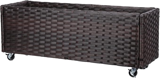 Raised Garden Bed with Wheels - Rattan Wicker Elevated Raised Garden Bed Outdoor Raised Planter Box for Vegetables Grass Lawn Yard, 38 x 14.5 x 12 in, Brown