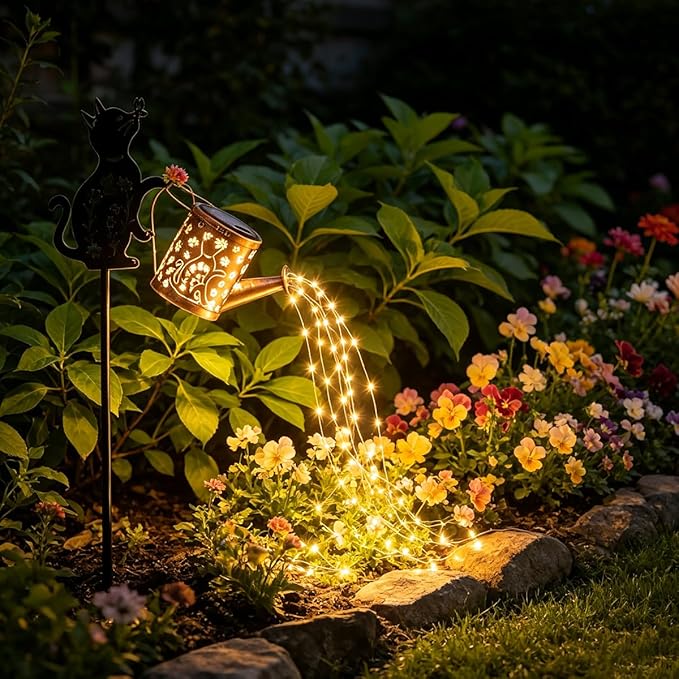 Outdoor Solar Cat Garden Decorative, 2 Pcs Solar Watering Can with Light, Featuring Metal Cat Silhouette Stake, Day Gift for Women, Waterproof, for Landscape, Lawn, Garden Path Decor