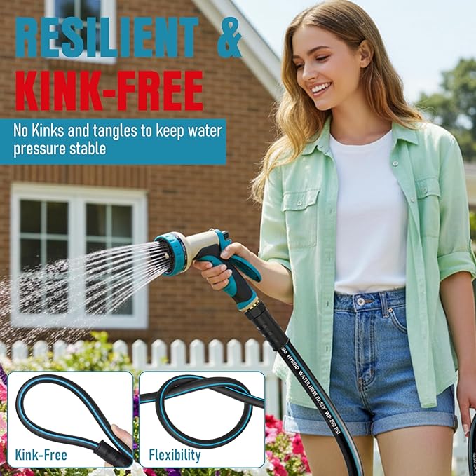 Heavy Duty Garden Hose 25 ft, NON-EXPANDABLE Water Hose with 10 Function Spray Nozzle, Lightweight Kink-less Hybrid Hose with Swivel Handle, Male to Female Fittings