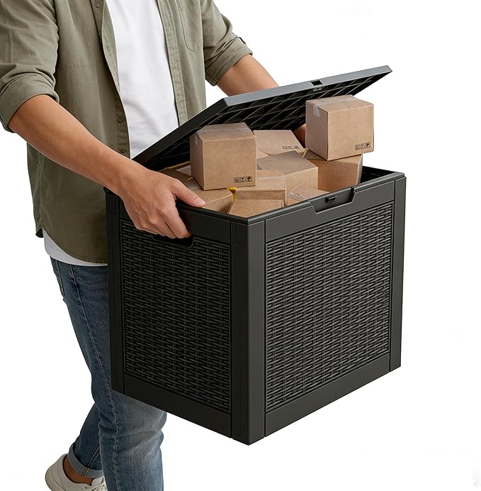 31 Gallon Outdoor Storage Box, Resin Deck Boxes Outdoor Waterproof For Patio Furniture, Garden Tools, Pool Supplies, Lockable And UV Resistant (Rattan Black)