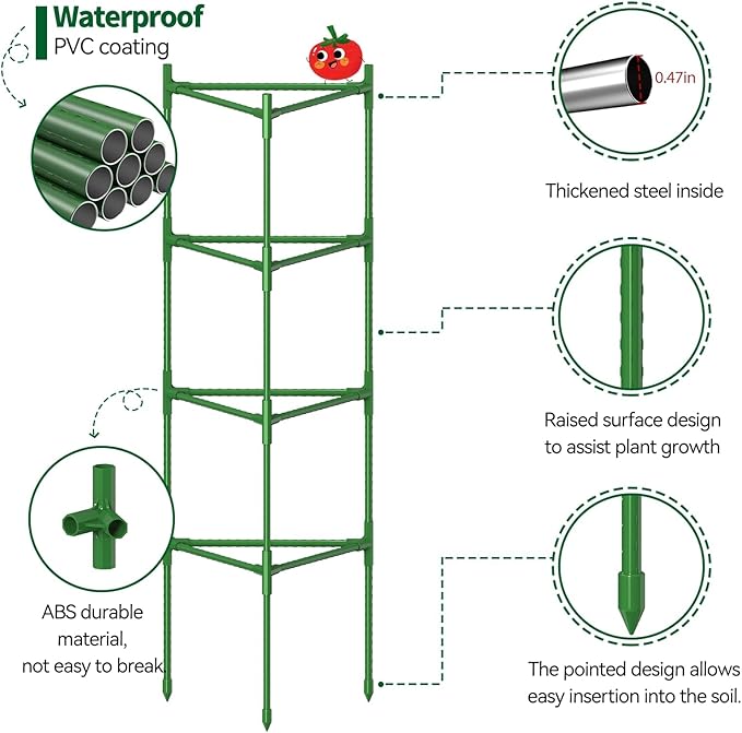 6 Pack Large Tomato Cage for Garden Up to 49" H X 16" W Metal Plant Support Stakes with Clips Triangle Pea Cages Cucumber Trellis for Vegetables Pots Vines Flowers Climbing Plants