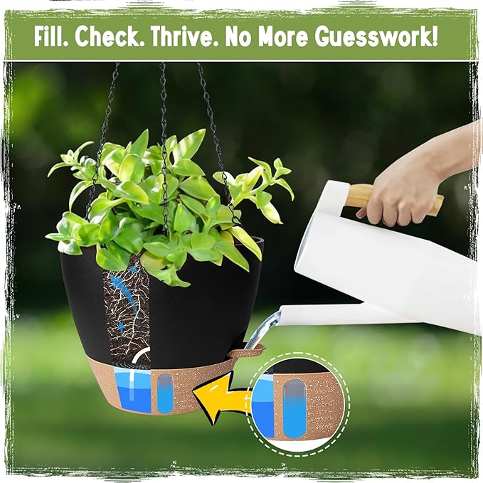 Self-Watering Hanging Planters with Water Level Window, 8/10 Inch Indoor Outdoor Hanging Plant Pots Includes Chain Hangers with Drainage Holes & Detachable Reservoir (Black, 8+10 inch)