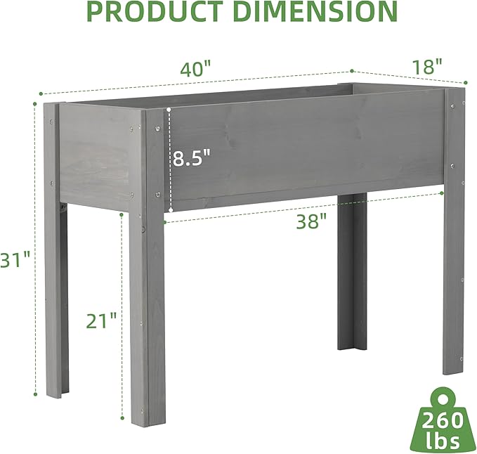 Raised Garden Bed with Legs, 40x20x31, Outdoor Wood Elevated Planter Box, Grey Cedar, Thick Legs, w/Liner