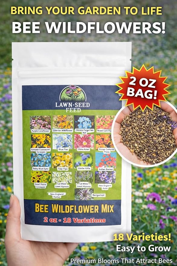 Bee Wildflower Seed Mix – (2oz) - Pollinator Flower Seeds for Bees – Nectar & Pollen Rich Blooms for Honey Bees. Friendly Flower Blend for Outdoor Gardens & Meadows!