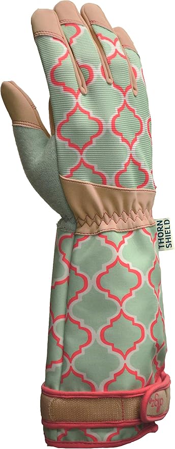 Digz Rose Pruning Vegan Leather Garden Gloves, Long Forearm Protective Cuff with Touchscreen Compatible Finger Tips, Red Geometric Pattern, Medium