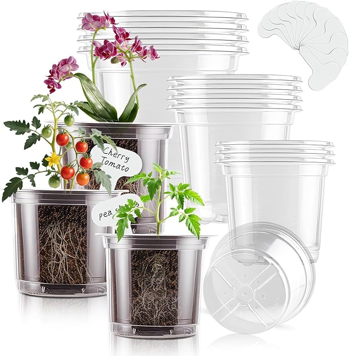 SupKing Clear Nursery Pots 6/5/4 Inch Plastic Seed Starter,12 Pack Plastic Pots for Plants with Drainage Holes for Transplanting Succulents Cuttings Come with 15 Seedlings Labels
