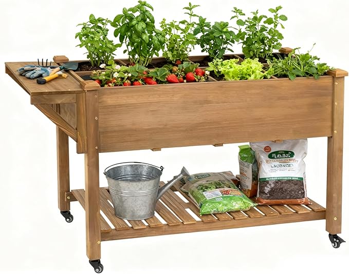 PetsCosset Raised Garden Bed with Wheels, Storage Shelf, Protective Liner, Table Ledge,Outdoor Garden Bed with Legs for Vegetable, Herb, and Flower Cultivation (with Wheels)