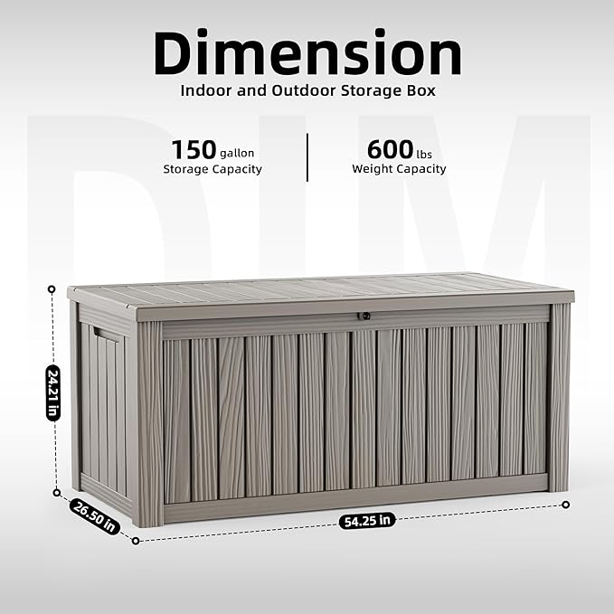 ROJIK 150 Gallon Waterproof Outdoor Deck Storage Box, Lockable Resin Patio Storage Bin with Lid for Garden Tools, Patio Cushions & Outdoor Accessories(Grey)