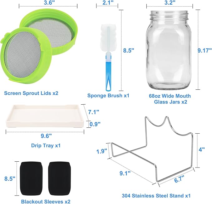  [Large Size] 68oz Sprouting Kit, 2 Sprouting Jar Kits, Wide Mouth Jars with Stainless Steel Screen Sprout Lid, 2000ml Sprouts Growing Kit, Seed Sprouter Set for Growing Broccoli, Bean, Alfalfa ﻿