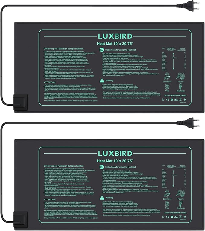 LUXBIRD 2 Pack Seedling Heating Mat for Seed Starting, 10”x 20.75” Durable Waterproof Warm Hydroponic Heating Pad for Indoor Plants Germination, IP67, MET Standard (120V US Plug)