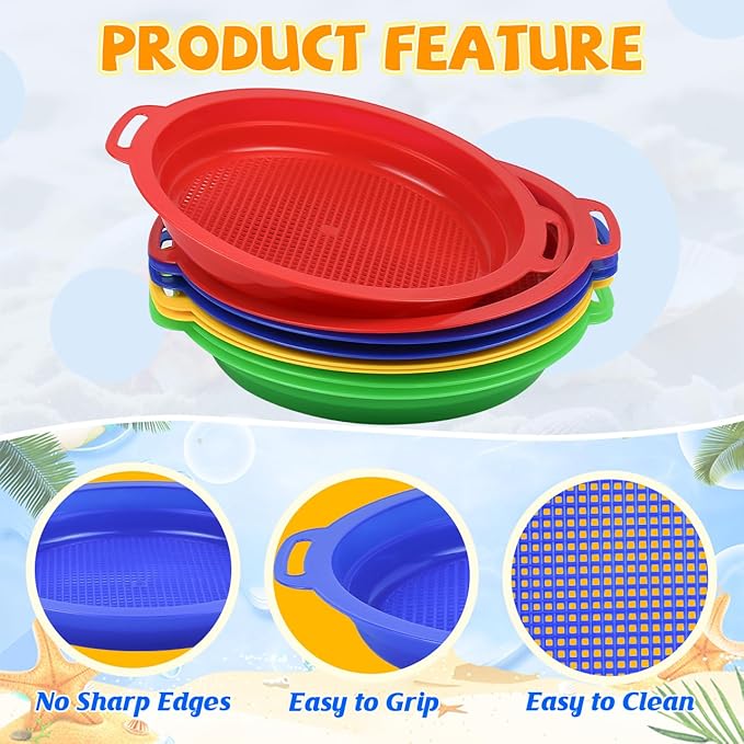 Sand Sifters Sieve for The Beach Sand Toys (Red, Blue, Yellow & Green) Complete Gift Set Bundle-8 Pack(8.75x 9.75in)
