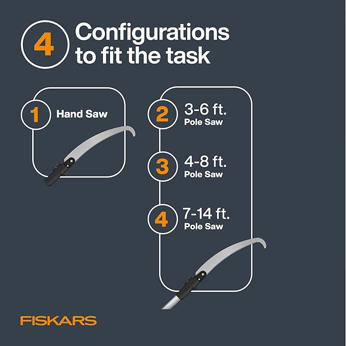 Fiskars XtendControl 14' Tree Pruner with 15" X2 Hook Bill Saw, Two Extension Poles (3-6 Ft and 4-8 Ft), Triple-Grind Blade for Fast Cutting, Lightweight Aluminum Pole Saw, Orange