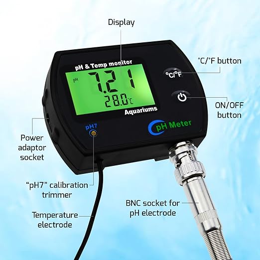 2 in 1 pH & Temperature Monitor, pH Meter with Backlight Function, Dual Display 0.00~14.00pH °C/ °F Water Quality Tester pH Monitor for Water, Fish Tank, Aquarium, Hydroponics, Pools
