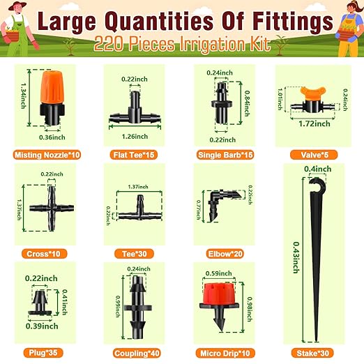 220-Piece Drip Irrigation Fittings Kit for 1/4" Tubing, Complete Set of Drip Barbed Connectors (Nozzle, Micro Dripper, Nozzle Tee, Single Barb, Coupling, Tee, Elbow, Valve, Plug, Cross, Stake)