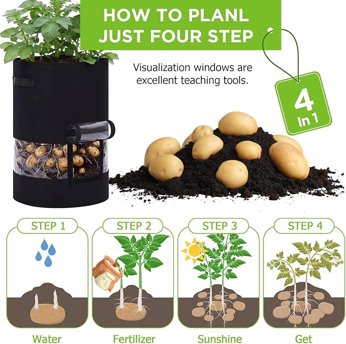 Baderke 2 Pack Visible Potato Grow Bags with Harvest Window, 360 Visibility Plant Grow Bags with Handles for Planting Potatoes, Tomatoes and Vegetables (30 Gallon,Black)