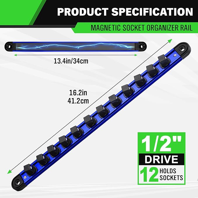 1/2-Inch Magnetic Socket Organizer Rail, Aluminum Alloy Socket Rail, Heavy Duty Sockets Holder with 12 Clips, 360° Swivel Clip Tool Tray, Sockets Organizer for Tool Box Drawer (Blue)