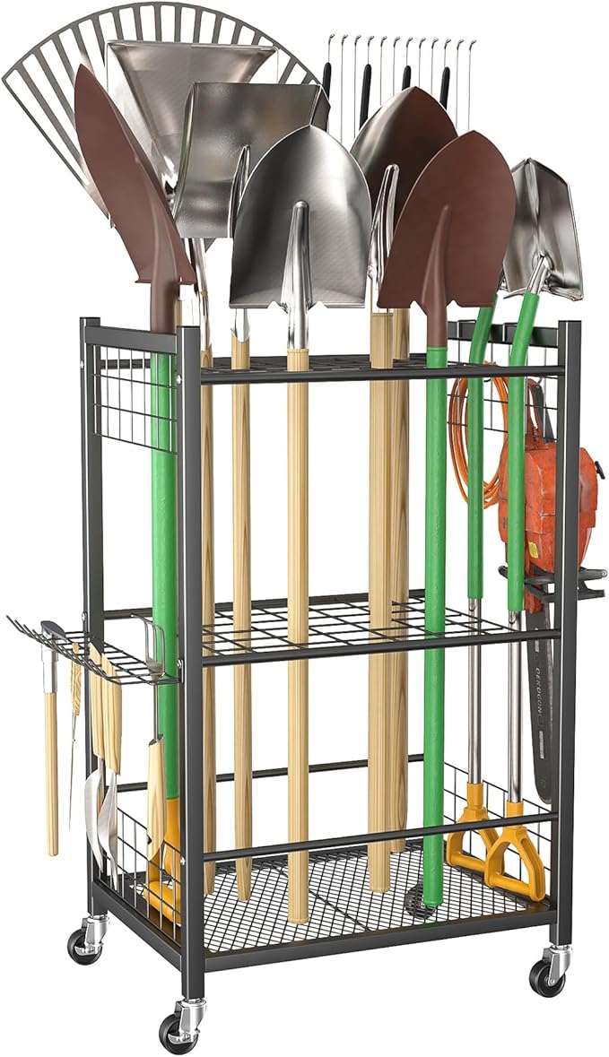 WALMANN Garden Tool Organizer with Wheels for Garage, Rakes/Shovels/Yard Tools Storage Stand for Garden, Yard, Indoor/Outdoor Long-Handled Tools Rolling Cart(Tool stand)