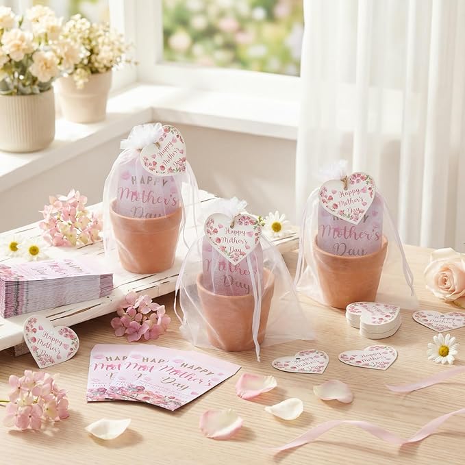 Ctosree 50 Sets Happy Mother's Day Gift Thank You Seed Packets Include Self Adhesive Seed Packets Flowerpot Thank You Tags Organza Bags for Mother's Day Appreciation Gifts