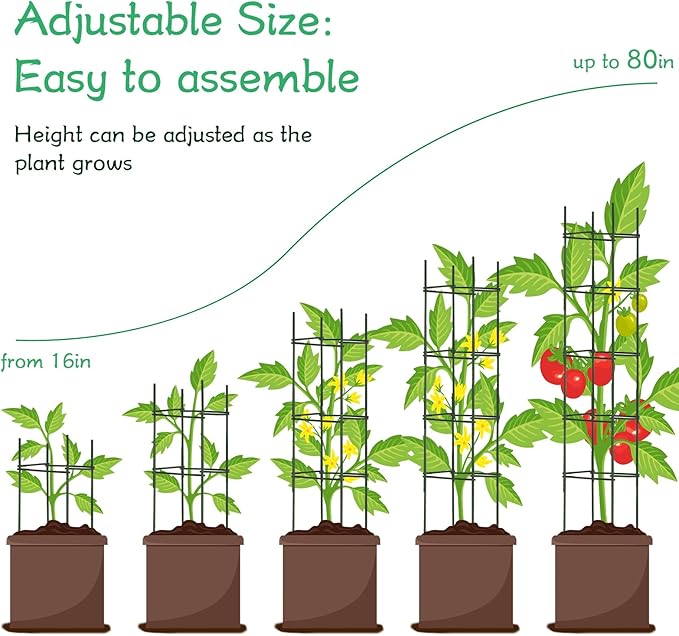 4 Packs Large Tomato Cages for Garden up to 6.5ft Heavy Duty Tomato Plant Trellis with 80 Clips Assembled Plant Support Cages with Adjustable Stake Arms for Vegetables, Climbing Plants (Green)