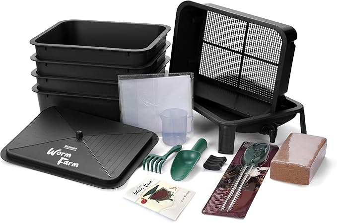 Blütezeit 5-Tray Worm Composter, 53QT Worm Compost Bin Indoor & Outdoor, Worm Farm Kit for Vermicomposting Starter, Recycling Food Waste (Black)