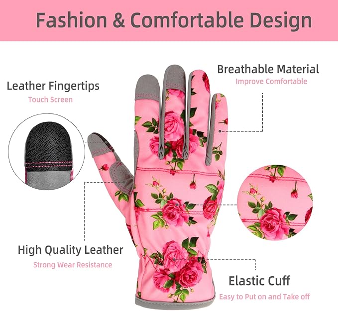 Leather Gardening Gloves for Women, Flexible Breathable Garden Gloves, Thorn Proof Working Gloves for Weeding, Digging and Pruning, Large, Pink