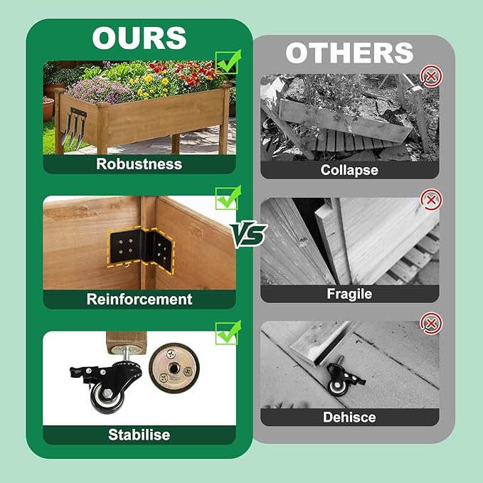 Raised Garden Bed with Wheel 48x24x30in, Elevated Wood Planter Box Can Grow Vegetables, Flowers and Herbs Suitable for Backyard, Patio, Balcony, Terrace, Veranda （Brown）