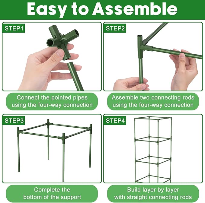 Unves 3 Pack Tomato Cage for Garden, 11.8" W x 53" H Square Tomato Trellis Plant Support Frame with 50 Pcs Plant Clips, Suitable for Climbing Vegetables, Flowers, and Fruits