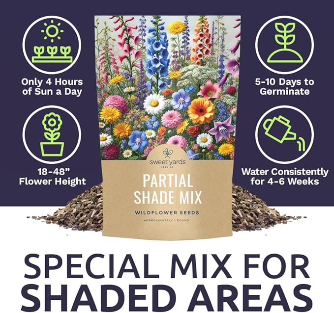 Bulk Wildflower Seeds Partial Shade Mix - 1 Pound Bag Over 120,000 Open Pollinated Annual and Perennial Seeds