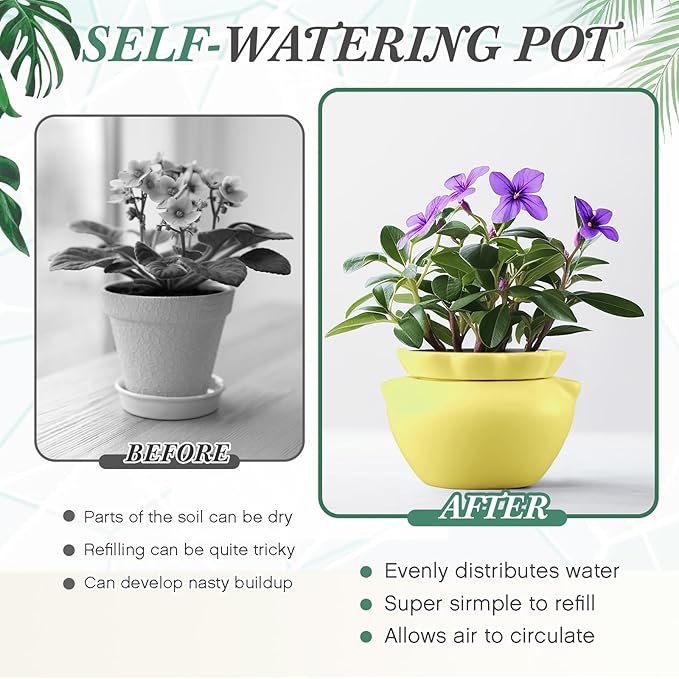 6.3 Inch African Violet Pots, Yellow Self Watering Pot for Indoor Plants, Ceramic Easy Plant Self Watering Pot for Thriving Plant Flower Maintenance