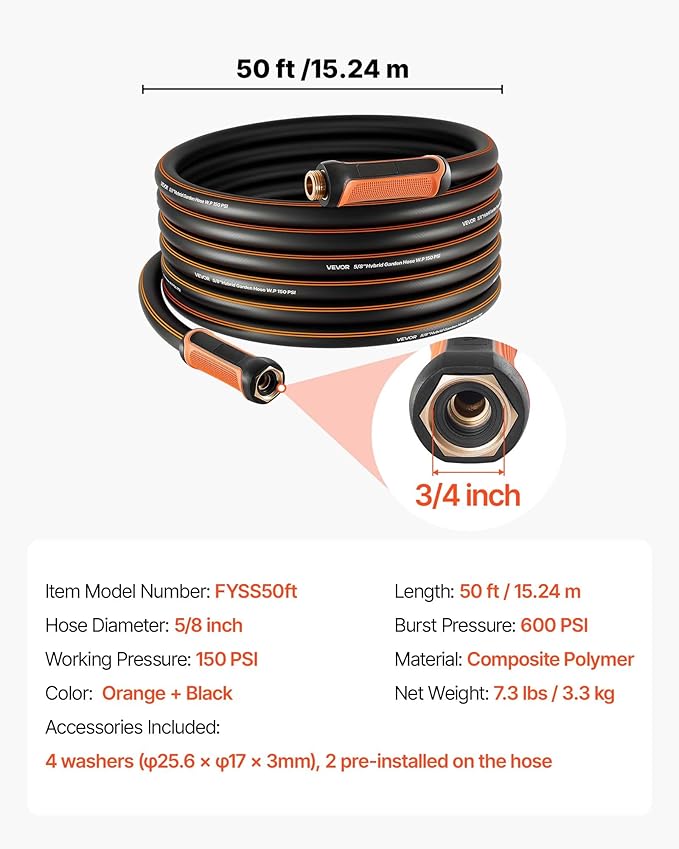 VEVOR Garden Hose, 50 ft 5/8" Heavy Duty 4-Layer Rubber Water Hose, 150PSI Working & 600PSI Burst, Flexible & Non-kink Outdoor Waterhose with 3/4" Fitting, Lightweight Hoses for Gardening Cleaning
