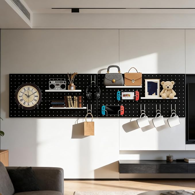 DEWEL Peg Board, 23" x 12" Metal Pegboard Wall Organizer Kit, 4 Pack Pegboard Panels with 20 Hooks,Black Pegboard Tool Wall Organizer System for Garage and Garden(4pcs black