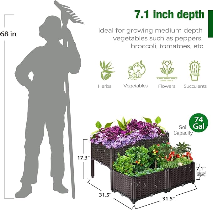 Raised Garden Bed with Legs Planters for Outdoor Plants Garden Box with Drain Outlet 31 X 31 X 17 in Polypropylene Elevated Planter Boxes Outdoor for Vegetables