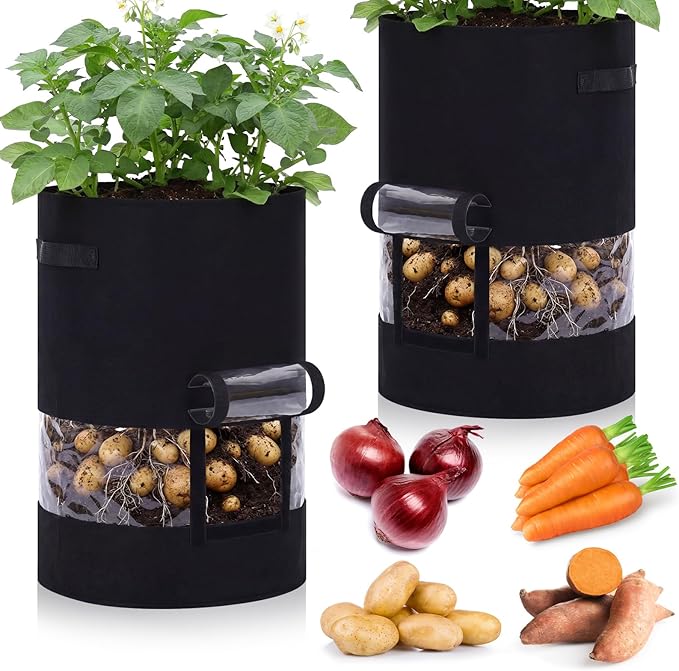 Baderke 2 Pack Visible Potato Grow Bags with Harvest Window, 360 Visibility Plant Grow Bags with Handles for Planting Potatoes, Tomatoes and Vegetables (30 Gallon,Black)