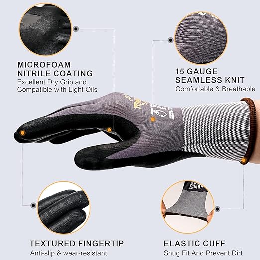 TitanFlex Work Gloves Microfoam Nitrile Coated Men Women-6 Pairs, Safety Warehouse Gloves Mens Working Glove with Grip Heavy Duty, Touchscreen, Seamless Knit Nylon for Automotive, Garden (Medium)