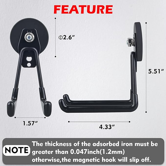 MUTUACTOR Magnetic Hooks Heavy Duty,2PCS Strong Magnetic Garage Hooks for Cruise Cabins,Anti-Scratch Magnet with Long Hooks for Power Drill,Garden Tools,Hose,Tool Chest,Steel Pegboard,Workshop