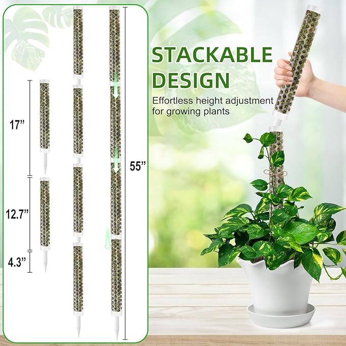 55 Inch Moss Pole Monstera Plant Support, 4 Pack 17 Inch Plant Support Stakes for Indoor Climbing Plants, Stackable Sphagnum Moss Pole Sticks for Garden Potted Planter, Pothos, Philodendron
