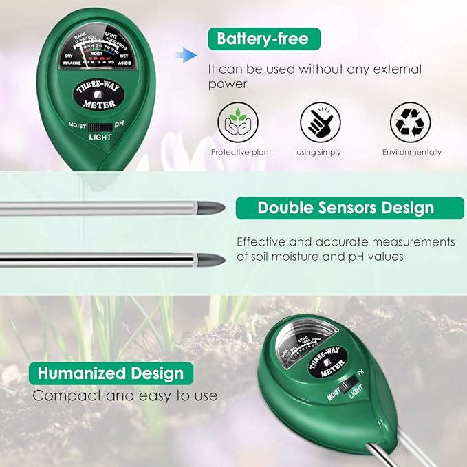 Soil PH Meter, 3-in-1 Plant Moisture/PH/Sunlight Tester Gardening Tool Testing Kits for Garden Care, Water Meter Garden, Lawn, Farm, Indoor&Outdoor Plants,No Batteries Required, Green