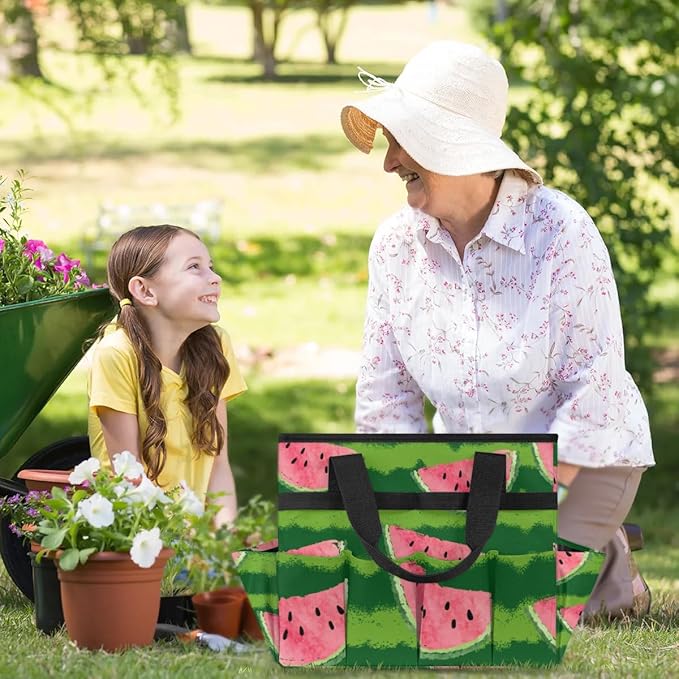 Garden Tool Bag Organizer Garden Tote Bag with Pockets Cute Watermelon Watercolor Tool Storage Organizer Gardening Tool Kit Holder 13" x 6.8" x 2.8"