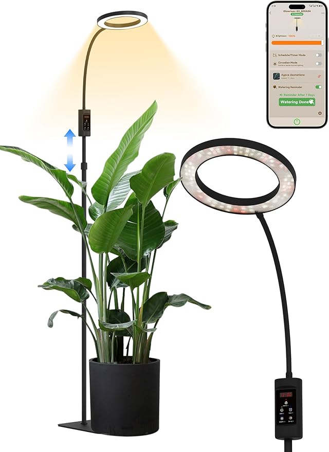 GLOWRIUM Smart Grow Lights for Indoor Plants, 24W Full Spectrum Plant Lights with Bluetooth App, Adjustable Height 47-70.9", Auto Timer, Indoor Plant Lamp for Large Tall Plants（Black 24W）