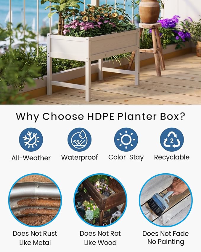 HDPE Raised Garden Bed with Legs, Outdoor All-Weather Elevated Planter Box Raised Beds for Seeds, Herb, Flower, Vegetable (White)