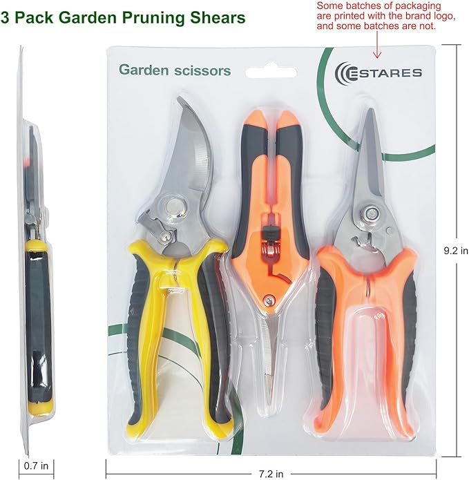 3 Pack Stainless Steel Garden Shears Pruning Set, Bypass, Serrated, and Straight Blade Scissors for Trimming Flowers, Branches, Stems - Perfect Pruners for Gardening & Plant Care