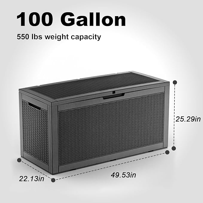 100 Gallon Outdoor Storage Box,Large Waterproof Resin Deck Box,Lockable Storage Container with Reinforced Support for Patio Cushions,Garden Tools,UV-Resistant(Black,100Gallon)