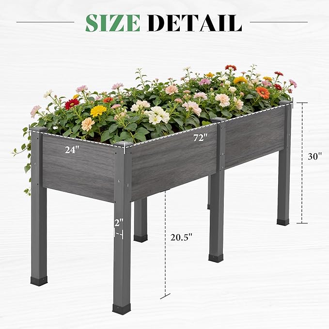 AMERLIFE Raised Garden Bed, 72x24x30 Inches Elevated Wood Planter Box with Bed Liner, Legs, Divider, Drainage Holes, Stand for Backyard, Patio, 300 Lb Capacity - Grey